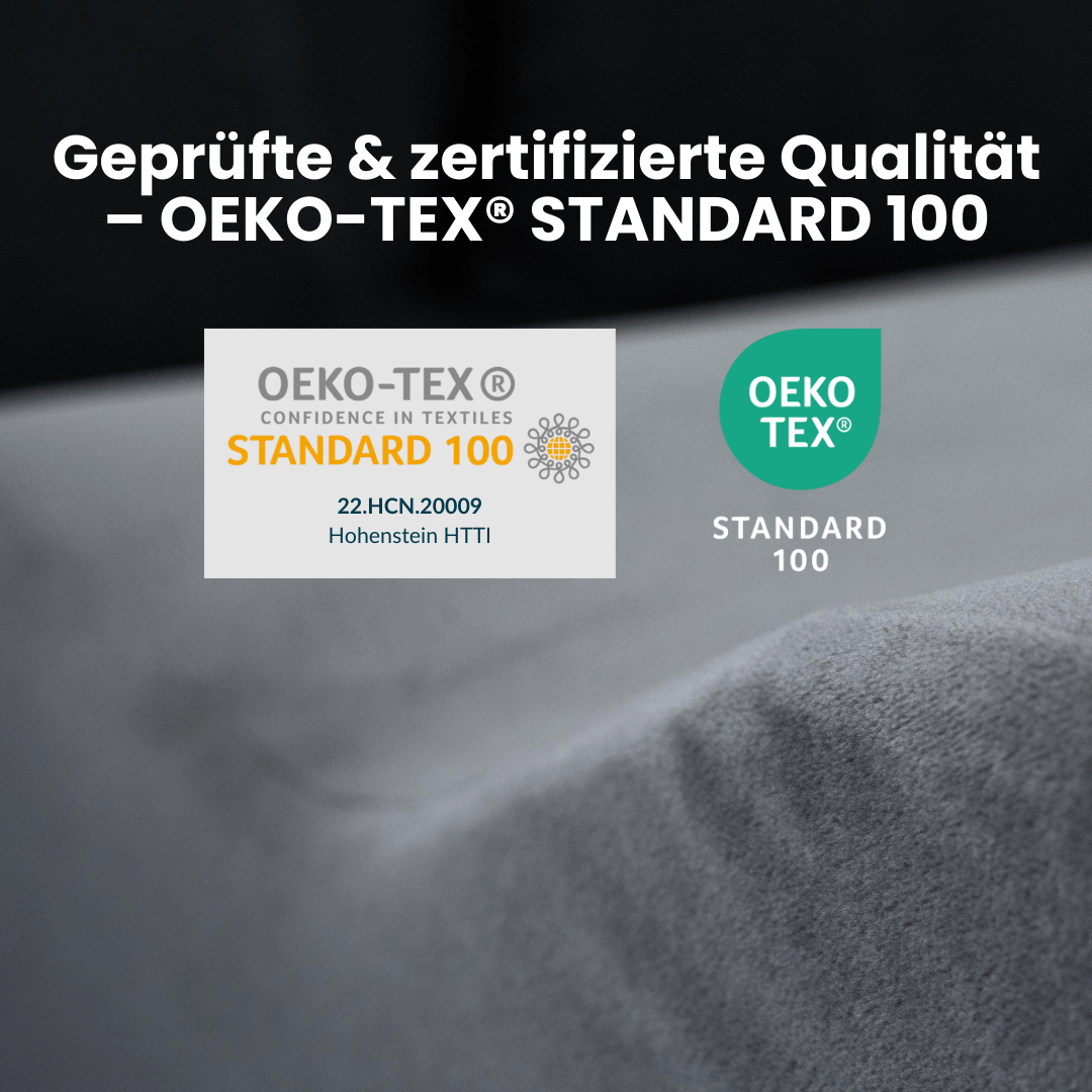 Ergosio OKEO Tex Zertifizierung wird auf Bild mit Nahaufnahme des Venenkissens im Hintergrund dargestellt.
